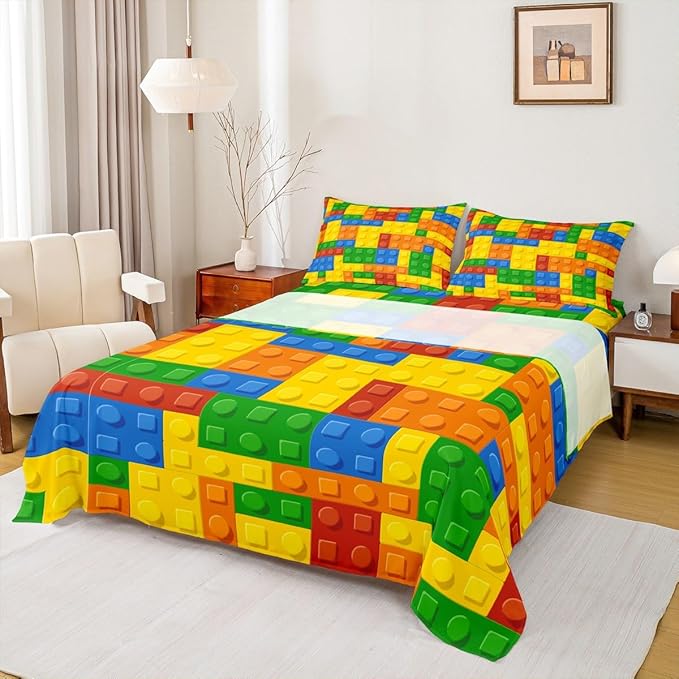 Feelyou Kids Games Bed Sheet Set King Size Color Building Blocks Sheet Set Toy Brick Sheets for Boys Girls Bedroom Nursery Bedding Set with Flat Sheet Fitted Sheet Pillowcase 4Pcs