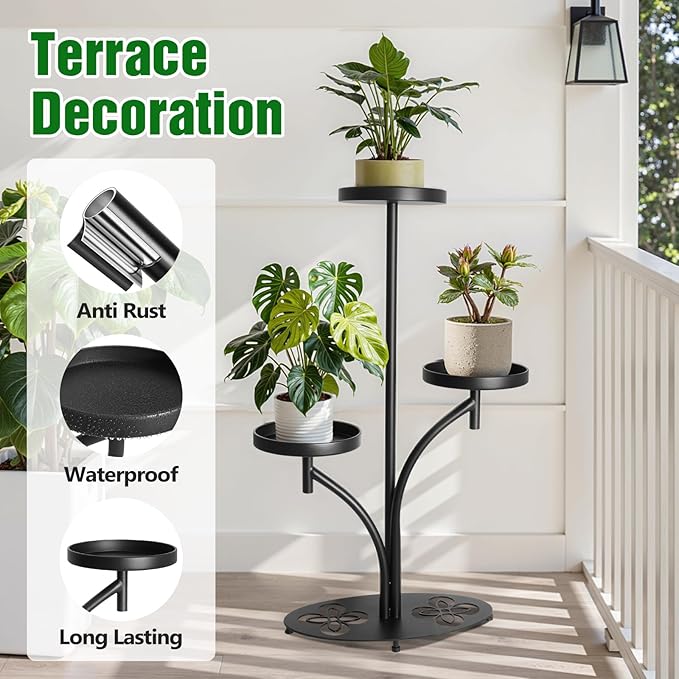 Indoor 3 Tier Black Plant Stand, Tall Metal Plant Stand, Heavy-duty Base in the Shape of a Four-leaf Clover, Layered Modern Flower Pot Rack, Suitable for Courtyards, Patios, Living Rooms, (2Pack)