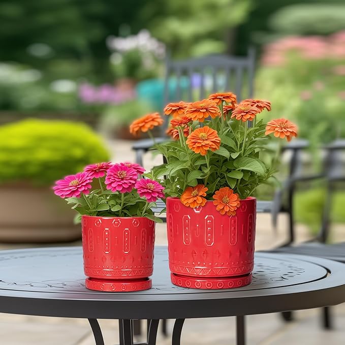 Eightpot Ceramic Plant Pots, 8 Inch Plant Pots Indoor Outdoor, Round Flower Pot with Drainage Hole and Sacuer, Boho Pot for Plants, Decorative Planter, Home Room Bathroom Decor, Garden Gifts, Red