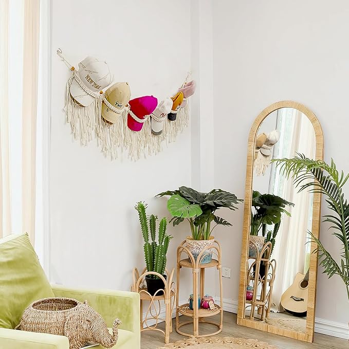 jontell Macrame Hat Organizer Baseball Cap Holder Ball Hat Storage Cap Display with Bead Wall Hanging Hat Rack for Boho Bedroom Living Room-1 Pack