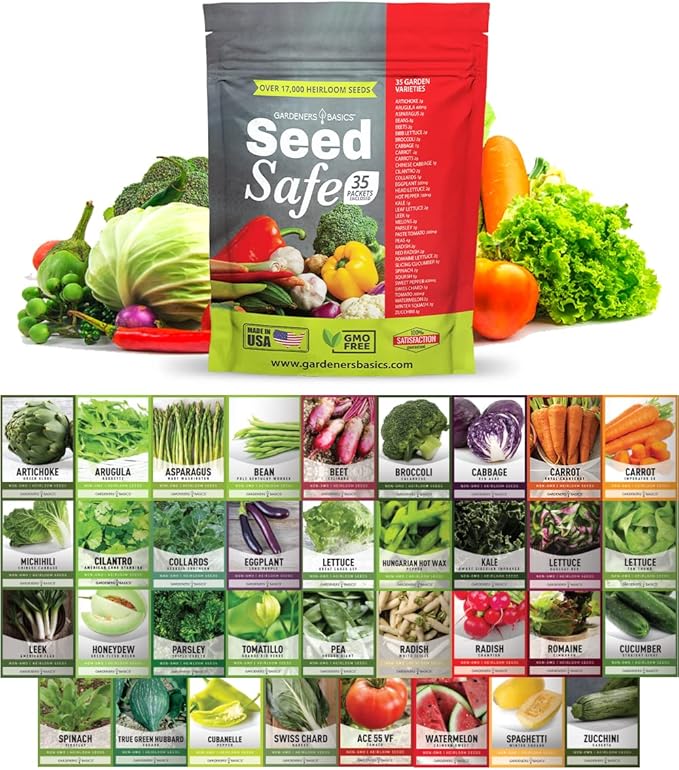 Gardeners Basics Seed Safe Kit - 35 Easy to Grow Heirloom Vegetable Seeds for Beginners - Non GMO Garden Starter Set with 17,000+ Seeds - Gardening Gift for Families