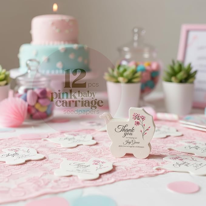 12pcs Pink Carriage-Shaped Gift Tags with Wildflower Seeds - Writable Gift Wrap Tags for Baby Showers, Mother's Day Present, Party Favors, DIY Crafts, & Earth Day Decorations