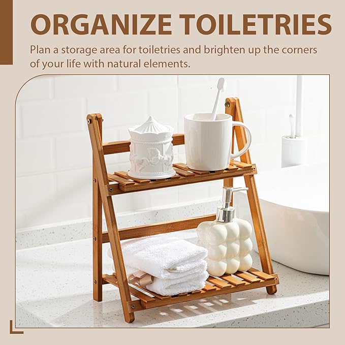 Yalikop Matcha Station Shelf, 11.8'' Coffee Station Organizer, 2 Tiers Bamboo Mug Holder Countertop, Desktop Flower Pot Rack for Home Living Room Window Sill Foldable Display Storage Shelf(Brown)