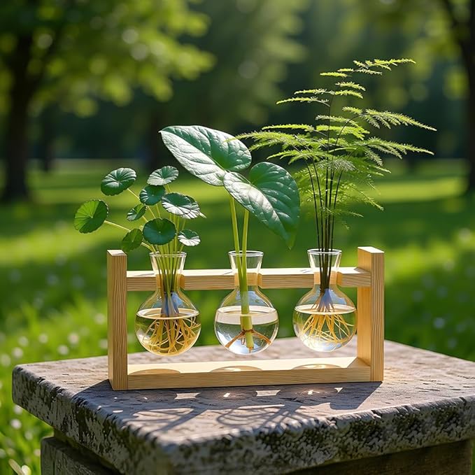 Plant Terrarium Desktop Glass Planter Hydroponics Vase,Plant Bulb Vase with Wooden Stand for Home Office Decoration