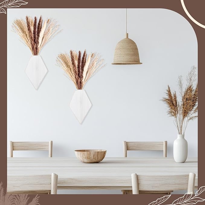2 Pcs Bohemian Wooden Wall Planter Set with Pampas Grass Modern Farmhouse Wall Decor for Living Room, Bathroom, Bedroom, Office(White Distressed,Regular Style)