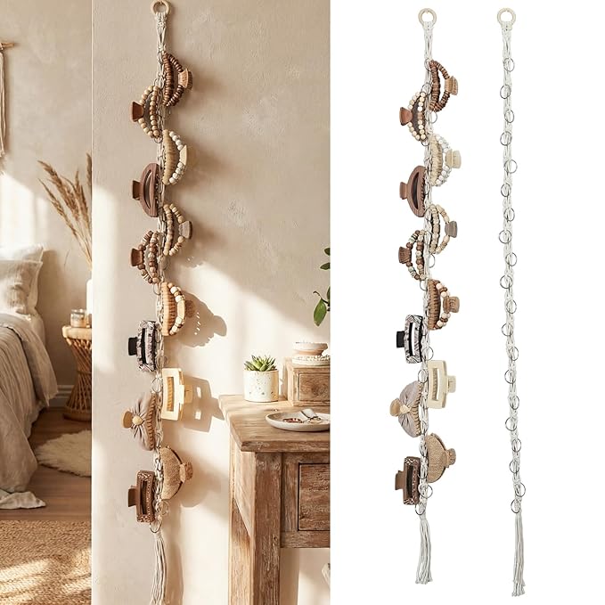 Thenshop 2 Pcs Macrame Hair Claw Clip Organizer with Rotating Wood Hook 20 Metal Rings Hanging Hair Clip Holder for Women Girl Boho Claw Clips Storage Decor for Home Wall Door Closet