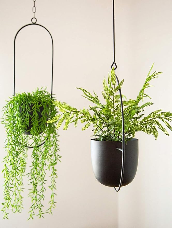 RISEON Boho Black Metal Plant Hanger,Metal Wall and Ceiling Hanging Planter, Modern Planter, Mid Century Flower Pot Plant Holder, Minimalist Planter for Indoor Outdoor Home Decor