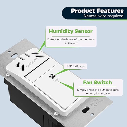 TOPGREENER Humidity Sensor Switch for Ventilation Fan, Air Moisture Detection, Bathroom Fan Automated Control, Neutral Wire Required, UL Listed, TDHS5-N, White