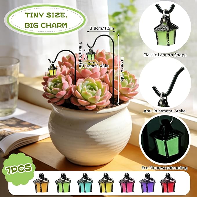 YAHUIPEIUS 7PCS Miniature Garden Stakes,Resin Mini Lanterns Decorative Potted Plant Stake with Metal Hooks Small Accessories for Terrarium Succulent Pots Indoor Outdoor Plants Decor