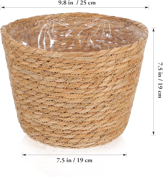Beavorty Woven Flower Basket Plant Pot with Plastic Liner Indoor Outdoor Decorative Rattan Planter for Small Plants Succulents and Home Garden