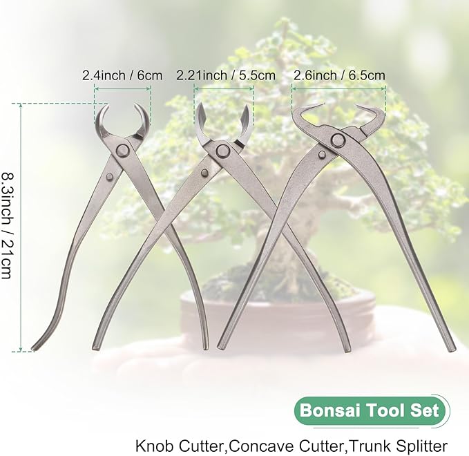 M METERXITY 3Peice Bonsai Tool Set - 8.3 Inch High Carbon Steel Knob Concave Cutter, Bonsai Tree Plants Modeling Tools, Applying to Gardening Pruning Branches/Knobs/Tumors (210mm, Gray)