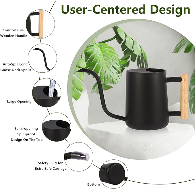 GUKJOB Plant Watering Can,35oz Metal Watering Can,Stainless Steel Indoor Plants with Long Curved Spout,Small Bonsai Outdoor Garden Modern Decorative(Black)