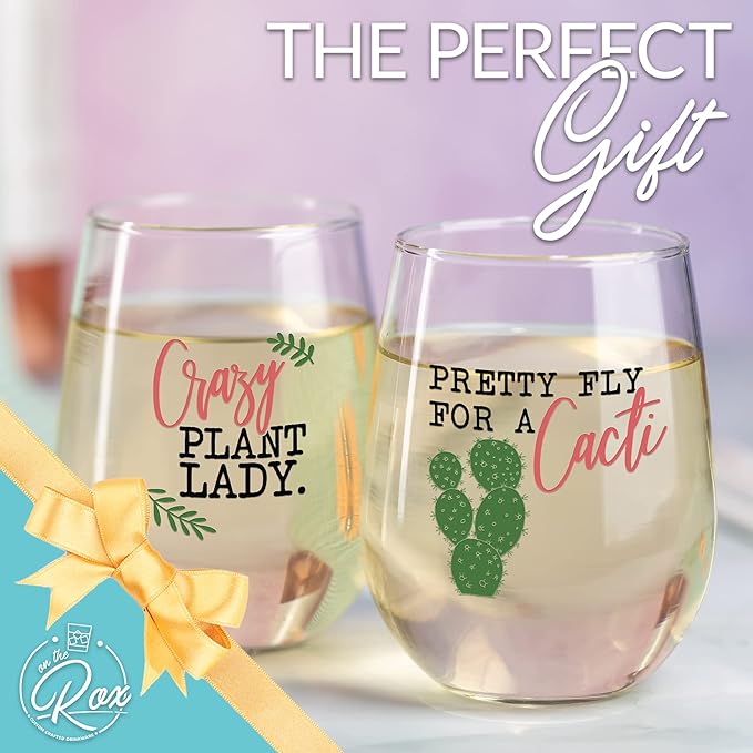 On The Rox Drinks Plant Lady Succulent Cactus Gifts for Women - Set of 2 Funny Wine Glasses 15oz - Pretty Fly For a Cacti - Crazy Plant Lady Wine Glass Tumbler