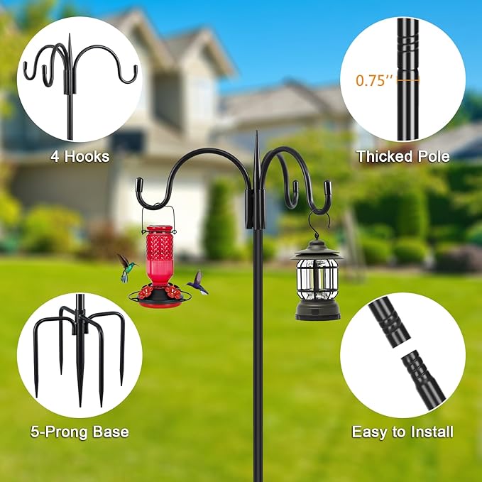 FEED GARDEN [Upgrade Version 92 Inch Three Shepherd Hooks for Outdoor,Bird Feeder Pole with 5 Prong Base, Adjustable Shepard Hooks for Hanging Plant, Solar Lanterns, Wind Chimes, 1 Pack