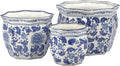 Galt International Blue & White Round Fluted Classic Floral Porcelain Ceramic Plant Flower Planter Pot Set of 3 (7.5", 10", 13") Garden Pots Chinese Asian Design
