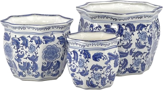 Galt International Blue & White Round Fluted Classic Floral Porcelain Ceramic Plant Flower Planter Pot Set of 3 (7.5", 10", 13") Garden Pots Chinese Asian Design
