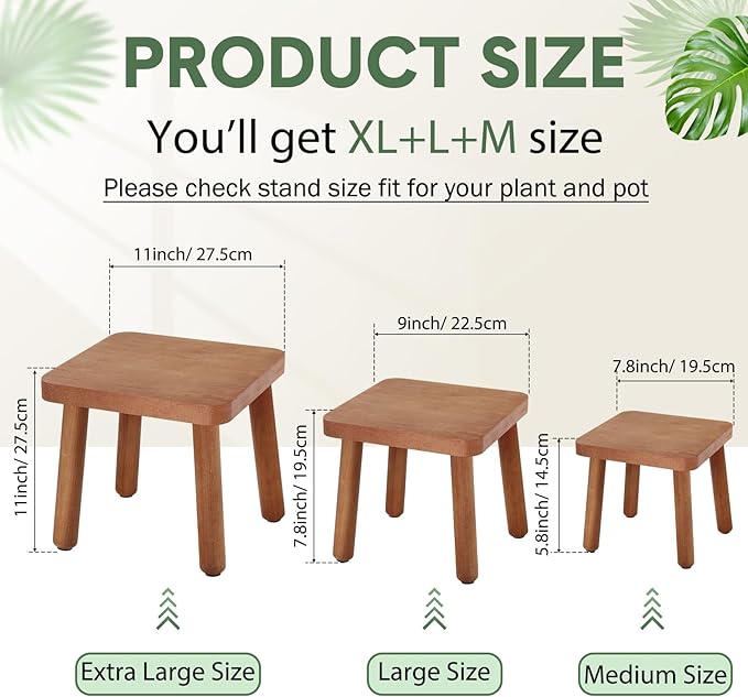 Pinkunn 3 Pcs Wood Plant Stand Indoor Plant Stand for 3-12 Inch Pots Mid-century Modern Plants Stool Plants Pot Holder Home Decor for Balcony Living Room Office Courtyard Detachable(Square Style)
