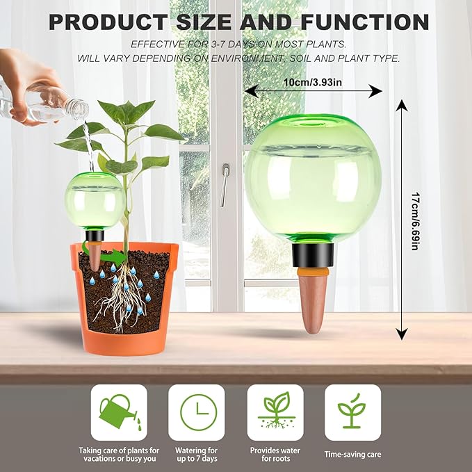 4 Pack Self Watering Globes 17oz Large Plant Watering Globes Top Fill, Self Water Planter Insert Indoor/Outdoor Plastic Water Bulbs Slow Release Terracotta for Plants, Green
