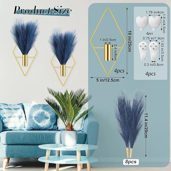 Hanaive 4 Sets Boho Wall Decoration Metal Wall Art Hanging Planters with Artificial Pampas Display Modern Home Vase for Bedroom Home Office (Soft,Dark Blue)