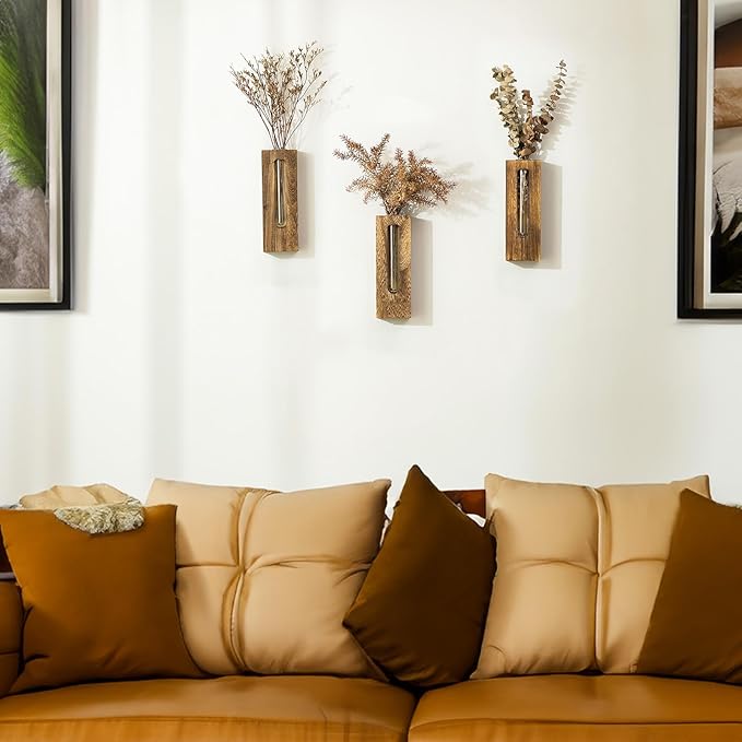 Wall Hanging Plant Propagation Station: Wood Farmhouse Wall Decor for Livingroom Kitchen - Hanging Glass Planter Tubes for Indoor Dried Flowers Eucalyptus Gifts for Women Plants Lovers