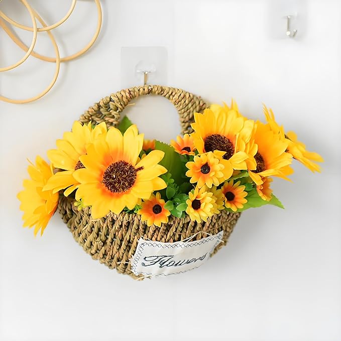 Hand-Woven Seagrass Wall Hanging Basket, Boho Half-Moon Hanging Planter with "Flowers" Label, Rustic Wall Mounted Storage Basket for Plants, Keys, Small Decor (Natural Seagrass)