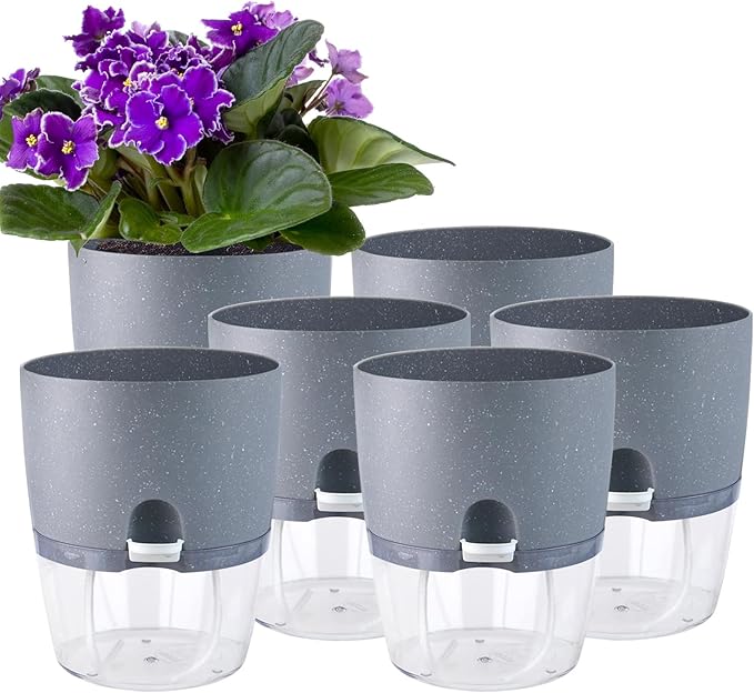 Oliz 6 Inch Self Watering Pots for Indoor Plants, 6 Pack Grey Plastic Flower Pots with Drainage Holes for African Voilet Herbs All House Plants (Include 1 Spray Bottle)