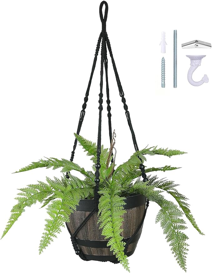 Bouqlife Large Macrame Plant Hanger Black 43 Inch Long for up to 12 Inch Pot No Tassel Cotton Rope Hanging Basket Plant Holder with Heavy Duty Ceiling Hooks