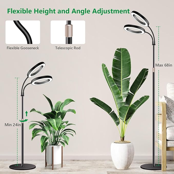 Aumtrly Large Plant Light for Indoor Plants, 2 Head Full Spectrum Grow Light with 68" Adjustable Stand for Growing Large Tall Plants, Black Halo Floor LED Grow Lamp with 16 Hour Timer