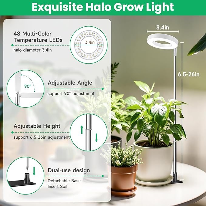 Aokrean Grow Lights for Indoor Plants, Full Spectrum Small Halo Plant Grow Light with Base, 48 LED Growing Lamp 10 Levels Dimmable Auto On Off 3/9/12 Hrs Timer for Small Plants, White, 3.5in, 5 Pack