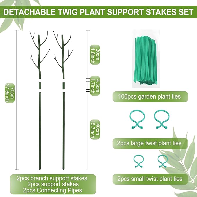 Plant Support Stakes for Indoor Plants,Trellis for House Potted Plants Flower,Monstera Support Sticks with Orchid Clips,Twist Ties(2 Pack Dark Green)