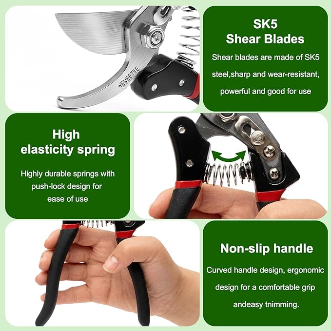 Pruning Shears, 8.5" Professional Garden Shears, SK5 Steel Hedge Clippers, Garden Clippers Handheld, Heavy Duty Garden Scissors Tools, Pruning Shears for Gardening Yard Roadside