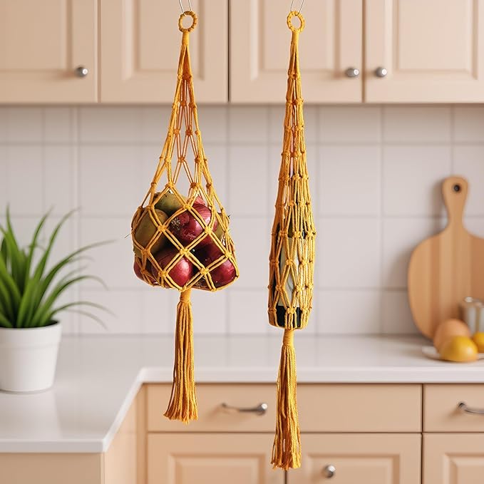 2 Packs Hanging kitchen hanging Basket, Macrame Hanging Basket Vegetable Storage holder breathable handmade basket for Potato Onion Fruit Storage,Boho Decor grocery storage bag,Yellow