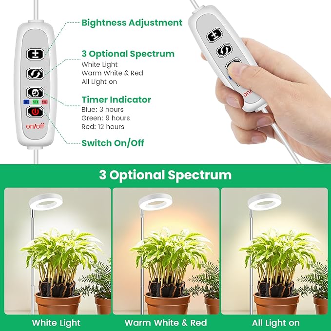 Aokrean Grow Light, Full Spectrum Plant Lights for Indoor Growing with with 3/9/12H Timer, 3 Color Modes, 10 Brightness, 6.5"-26" Height Adjustable Halo Grow Light with Base, 3 Pack(3.4in)