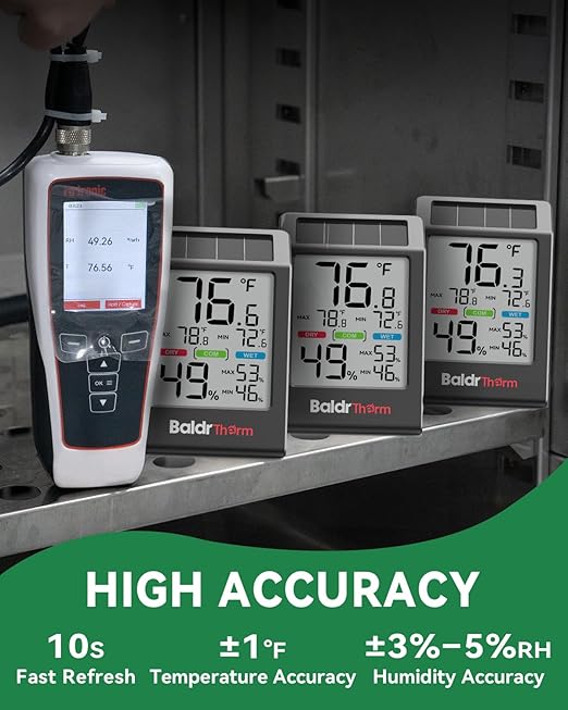 BALDR Indoor Thermometer Hygrometer, Solar Power with Battery Backup, Large Display, Daily Max/Min & Comfort Indicator Humidity Meter（Black）
