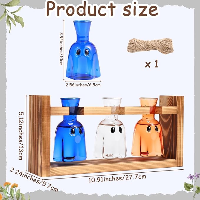 Mimorou Plant Propagation Stations Plant Terrarium with Wooden Stand Hydroponics Glass Vase Planter for Home Office Garden Table Decoration(Ghost)