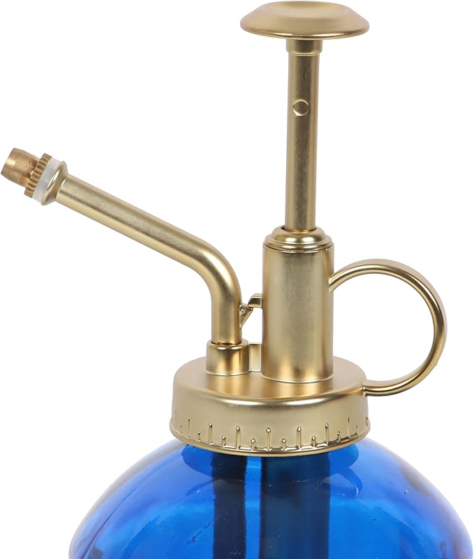 Vintage Blue Glass Plant Mister - Indoor Garden Enthusiast Gift, Gold Metal Pump Spray