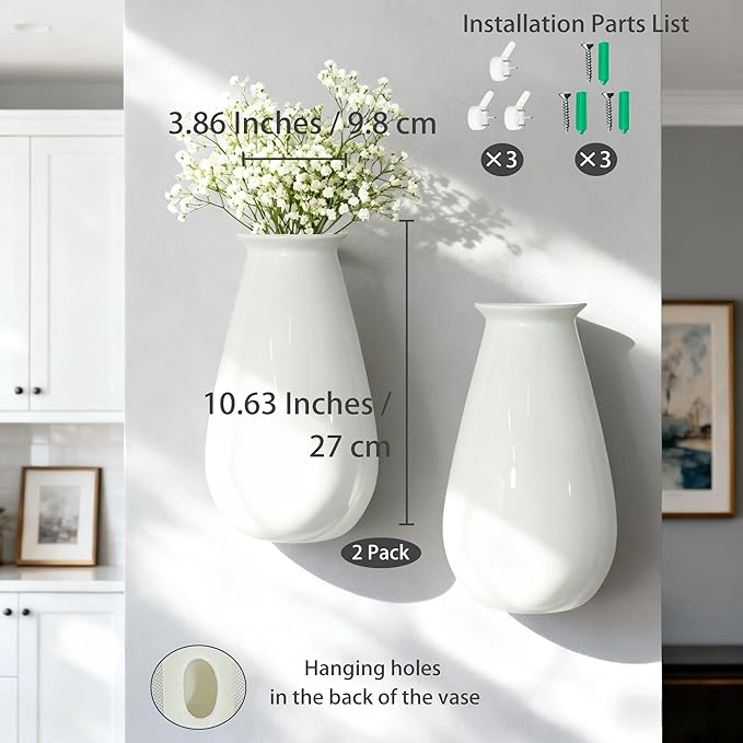 Hanging Ceramic Planters for Indoor Plants, Set of 2 Wall Mounted Planters, White Ceramic Pots for Indoors, Wall Hanging Planter for Living Room, Bedroom, Garden, Home Décor, Plant Hanger for Balcony