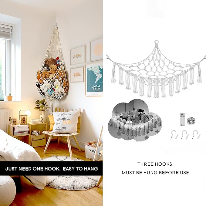 Amdermi Novel Stuffed Animal Hammock Corner Hanging Net for Stuff Aniaml Storage Macrame Toy Display Plush Toy Holder-Perfect for The Tiny Space Walls (cream, XXL)