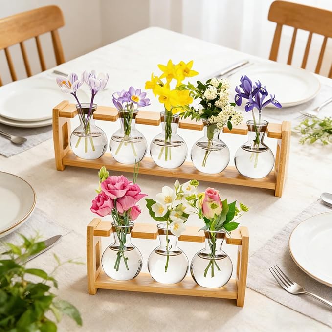 Pumtus 2 Pack Propagation Stations with Bamboo Stand, 8 Bulbs Desktop Water Plant Terrarium Vase, Retro Plant Propagation Jars for Indoor Plants, Glass Planter Gifts for Home Office Table Decor