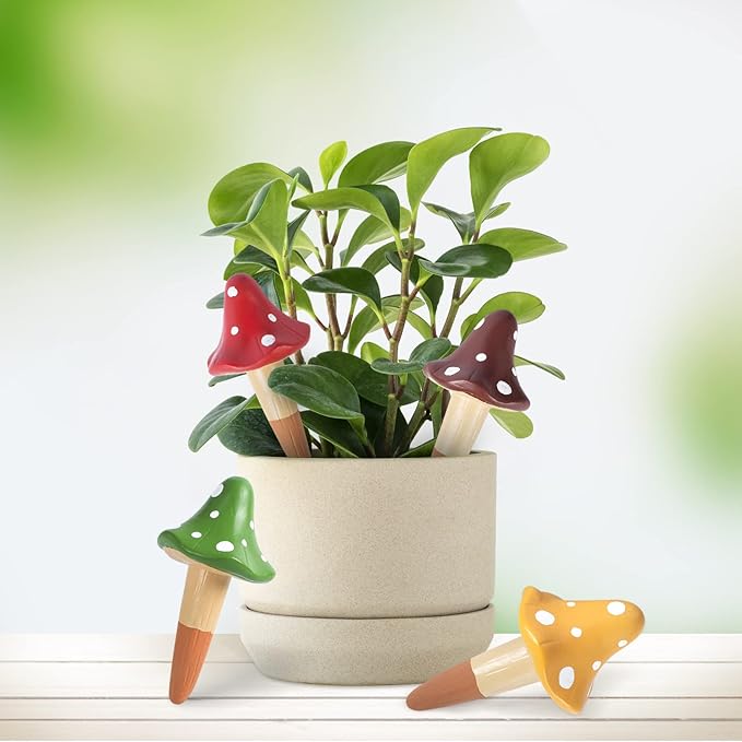 Self Watering Spikes Mushroom Shaped Plant Watering Globes Irrigation Terracotta Watering Device Garden Waterer for Indoor Outdoor Plant 4 Packs