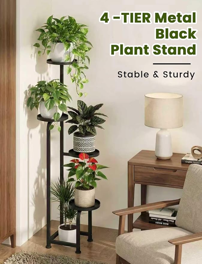 TOSKING 4 Tier Corner Plant Stand Indoor &Outdoor, Heavy Duty Metal Flower Pot Holder Shelf for Multiple Plants, Space Saving ,Tall Metal Plant Stand with Drainage Holes for Outdoor Use,Tiered Display for Patio, Garden, Balcony, Living Room Decor (Blac...