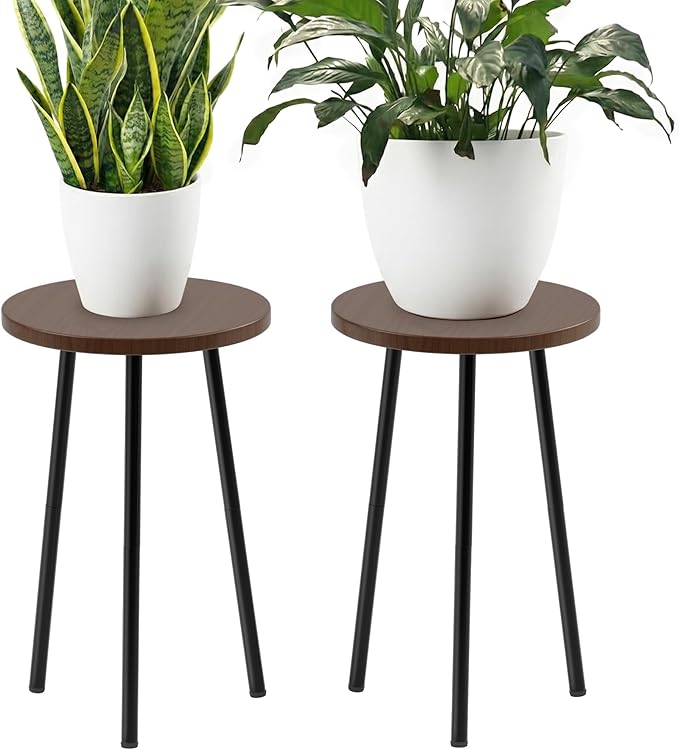 Plant Stand Indoor 2 Pack: Corner Wood 20 Inch Plant Stand Mid Century Modern Decor - Small Round Plant Table for Indoor Plants - Outdoor Plant Holder for Patio Living Room Bathroom Office (Walnut)