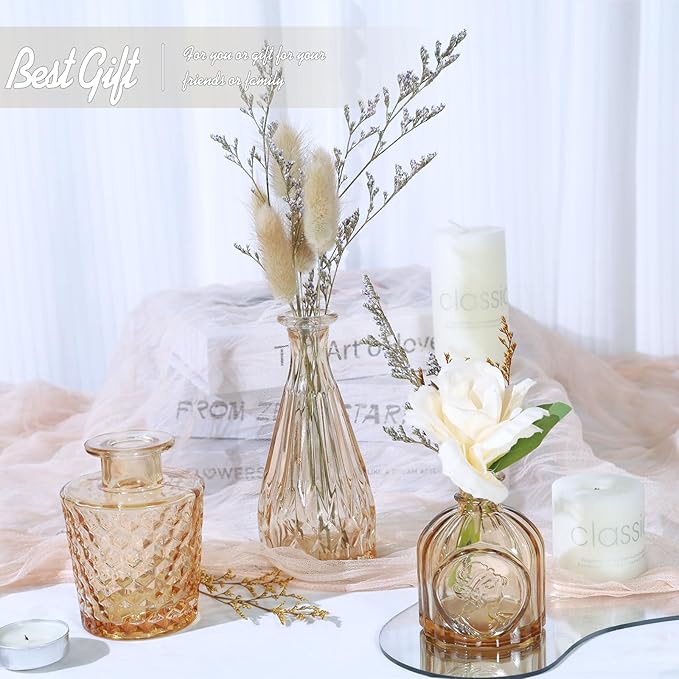 TBWIND Glass Bud Vase Set of 5, Small Amber Flower Vases for Centerpieces in Bulk, Mini Vintage Vase for Wedding Decor, Single Flowers, and Home Table Décor
