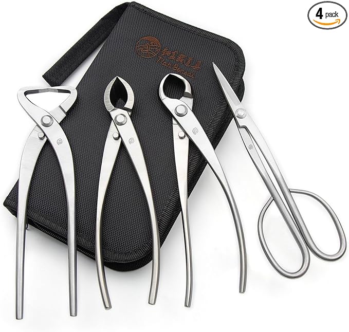 TianBonsai 4-PCS Bonsai Tool Set Including Concave Cutter Straight Edge Cutter Trunk Splitter And Bonsai Scissors Equip With Tool Bag