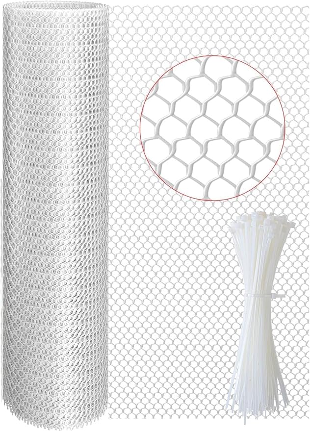 TOYPOPOR Plastic Chicken Wire Fencing, 16in x 15ft, 500GSM Durable Heavy Duty Hexagonal White Chicken Wire, Rustproof Garden Fence for Pets, Plants, Includes 30 Pcs Cable Zip Ties