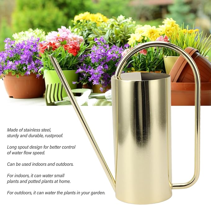 Watering Can for Indoor and Outdoor Plants - 1500ml Large Capacity Stainless Steel Pot With Long Spout for Bonsai and Garden (Gold)