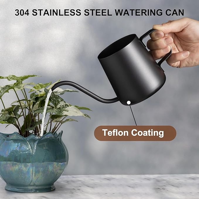 12 oz / 350 ml Small Watering Can Indoor Plants, Stainless Steel Plant Watering Can with Long Spout (Black) (12oz)