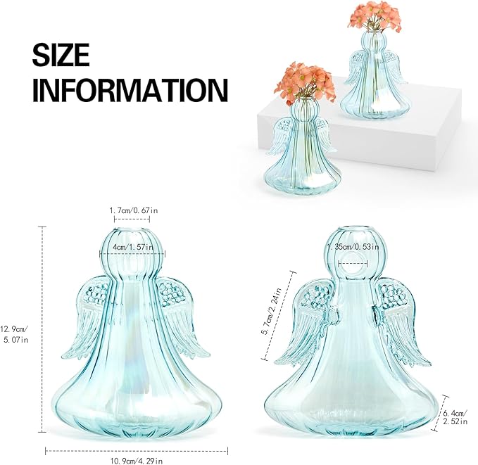 XXXFLOWER Angel Glass Vases Hanging Plant Propagation Station Unique Blue Angel Wings Nature Decor Vintage Style Glass Bottles with Angel Ornament Indoor Plant Terrarium Window Sill Home Wedding Decor