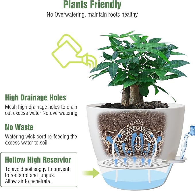 UOUZ 12inch Self Watering Pots, Plastic Planters with Mesh Drainage Holes and Deep Reservoir for Indoor Outdoor Garden Plants and Flowers, White