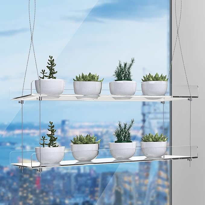 2-Pack Adjustable Clear Acrylic Plant Stands for Windows – 16" Transparent Hanging Window Plant Racks for Indoor Garden, Herbs, or Home Decor in Kitchen & Bedroom